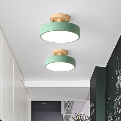 Modern Round Semi Flush LED Ceiling Light – Wood Accent Iron – Hallway & Kitchen