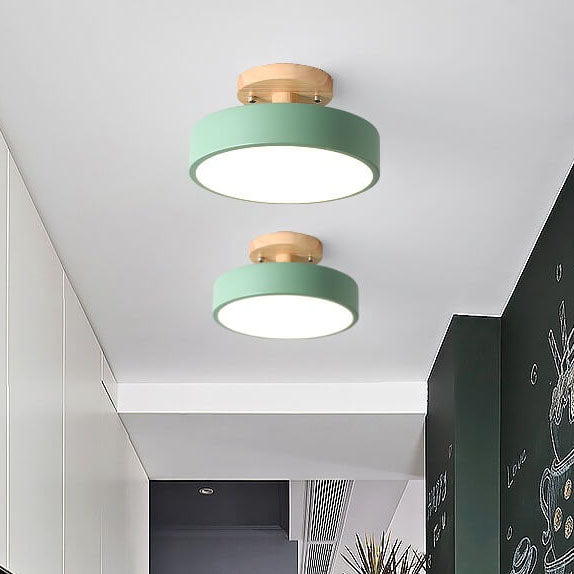 Modern Round Semi Flush LED Ceiling Light – Wood Accent Iron – Hallway & Kitchen