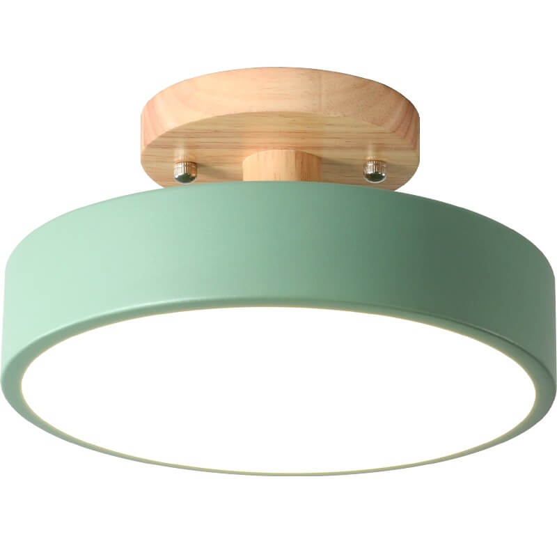 Modern Round Semi Flush LED Ceiling Light – Wood Accent Iron – Hallway & Kitchen