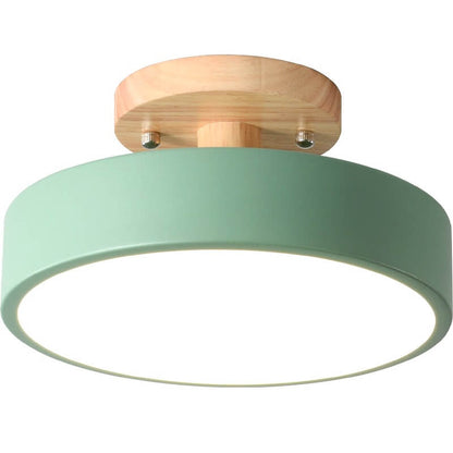 Modern Round Semi Flush LED Ceiling Light – Wood Accent Iron – Hallway & Kitchen