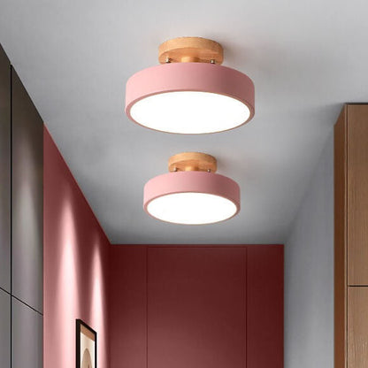 Modern Round Semi Flush LED Ceiling Light – Wood Accent Iron – Hallway & Kitchen