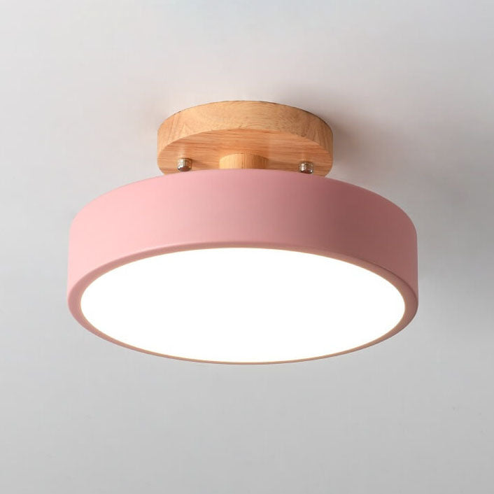 Modern Round Semi Flush LED Ceiling Light – Wood Accent Iron – Hallway & Kitchen
