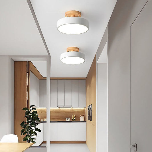 Modern Round Semi Flush LED Ceiling Light – Wood Accent Iron – Hallway & Kitchen