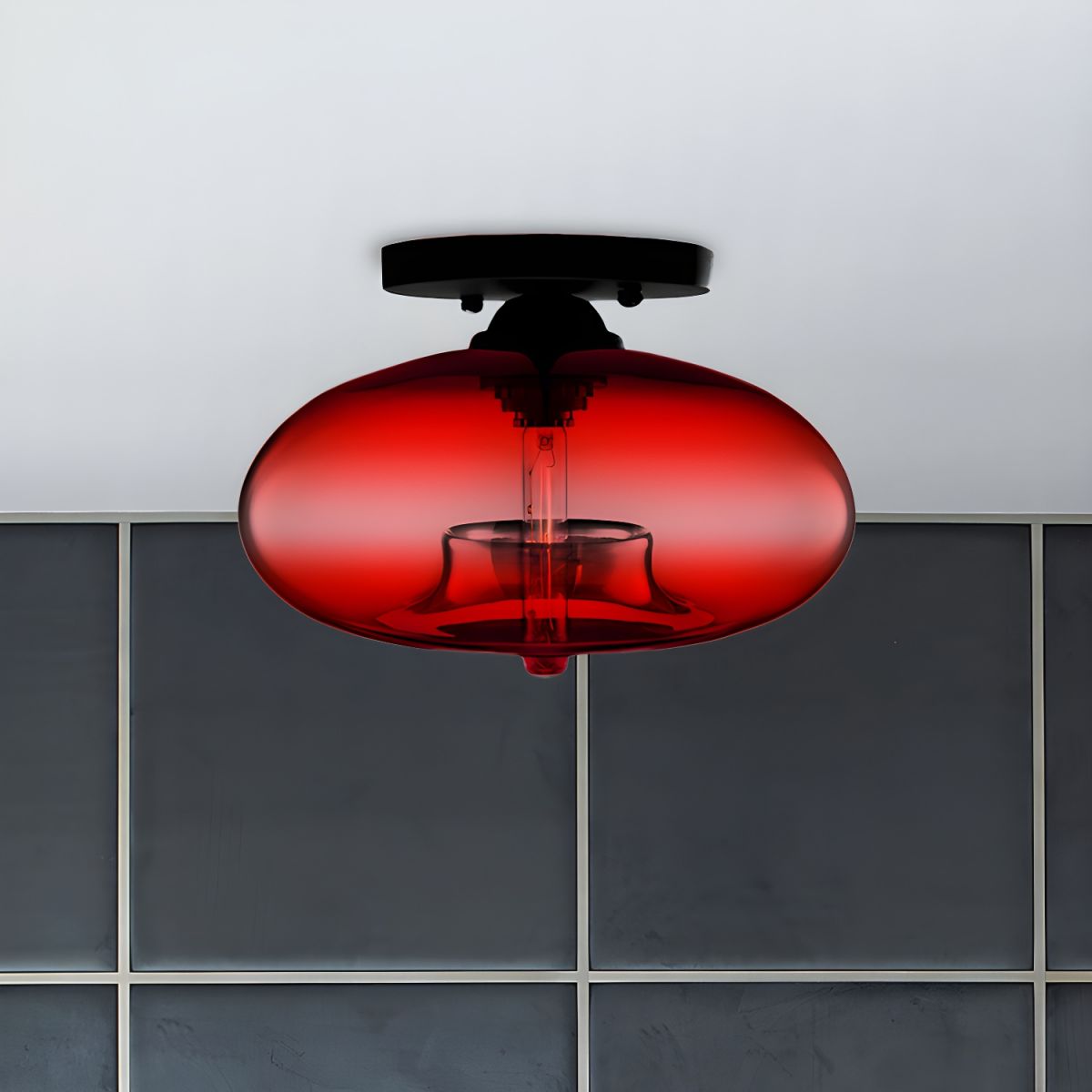 Industrial Glass Ceiling Light - Oval Shade Ceiling Mount