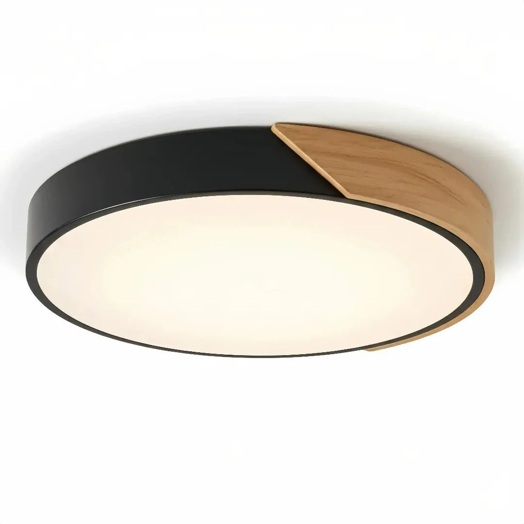 Scandinavian Round Wood and Metal LED Ceiling Light