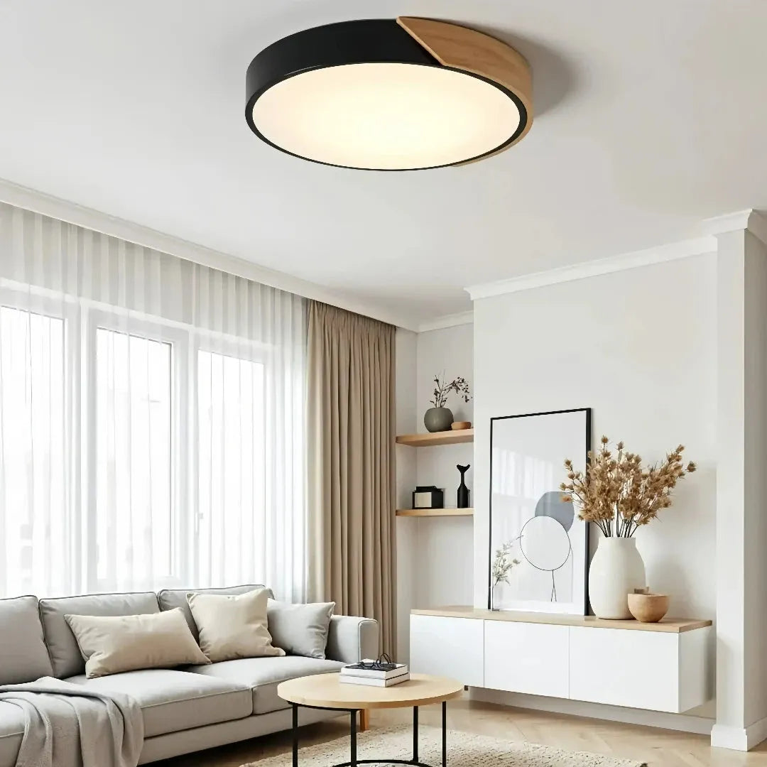 Scandinavian Round Wood and Metal LED Ceiling Light