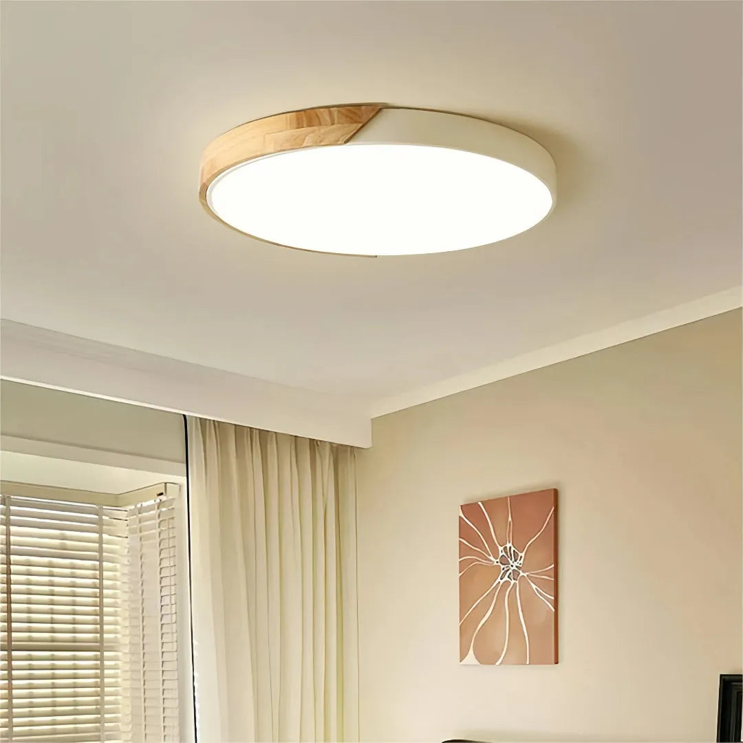 Scandinavian Round Wood and Metal LED Ceiling Light