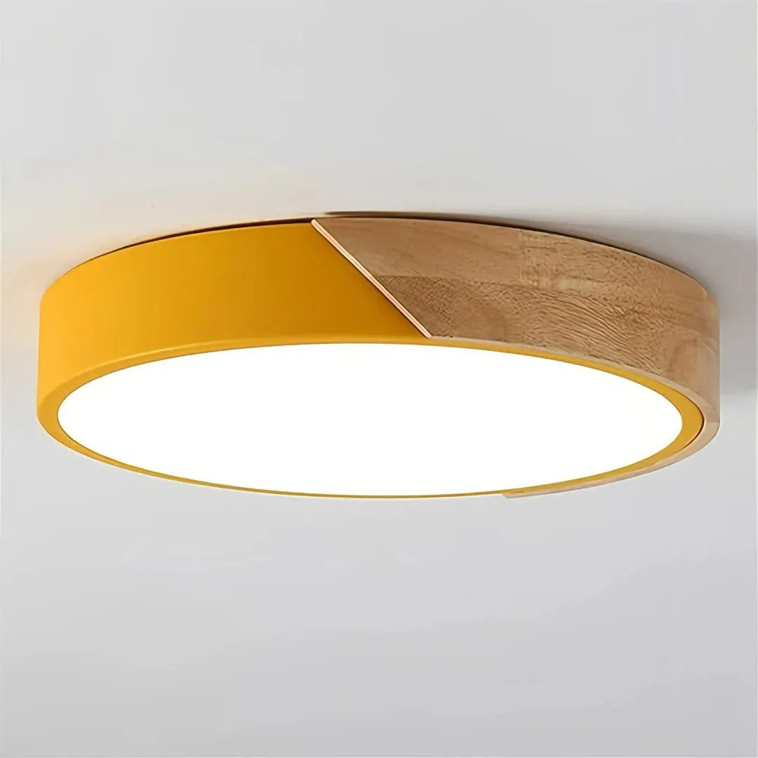 Scandinavian Round Wood and Metal LED Ceiling Light