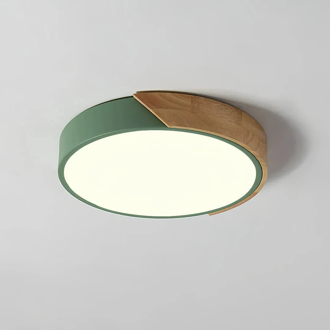Scandinavian Round Wood and Metal LED Ceiling Light