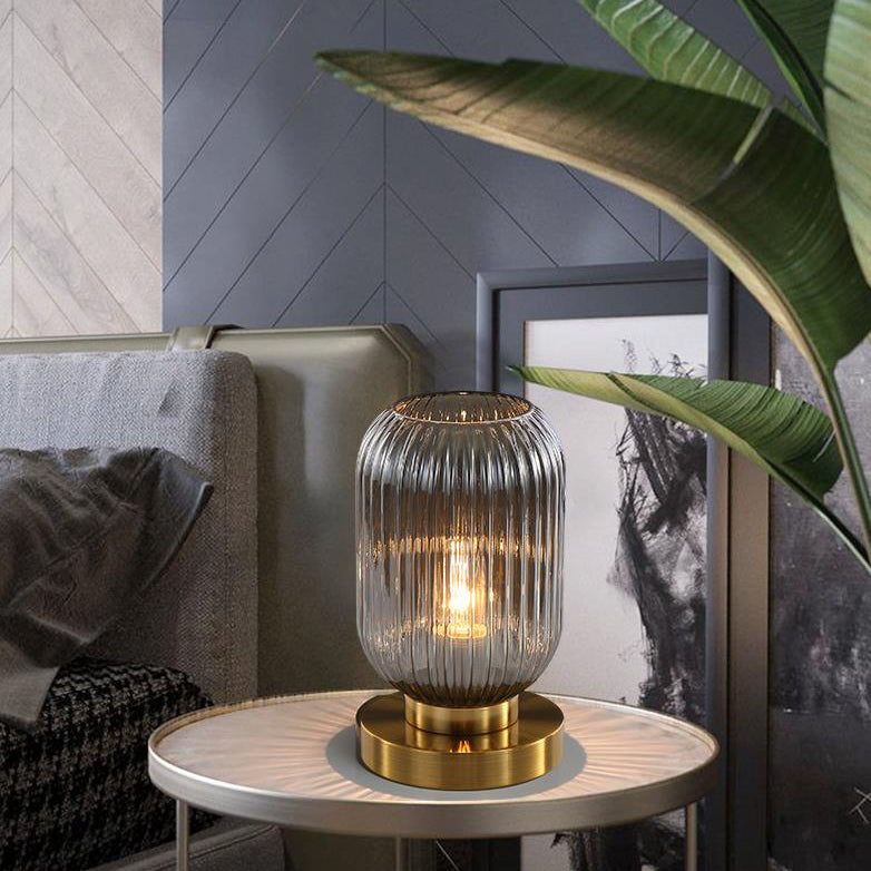Modern Ribbed Glass Table Lamp – Brass Base Nordic Style for Bedroom Living Room