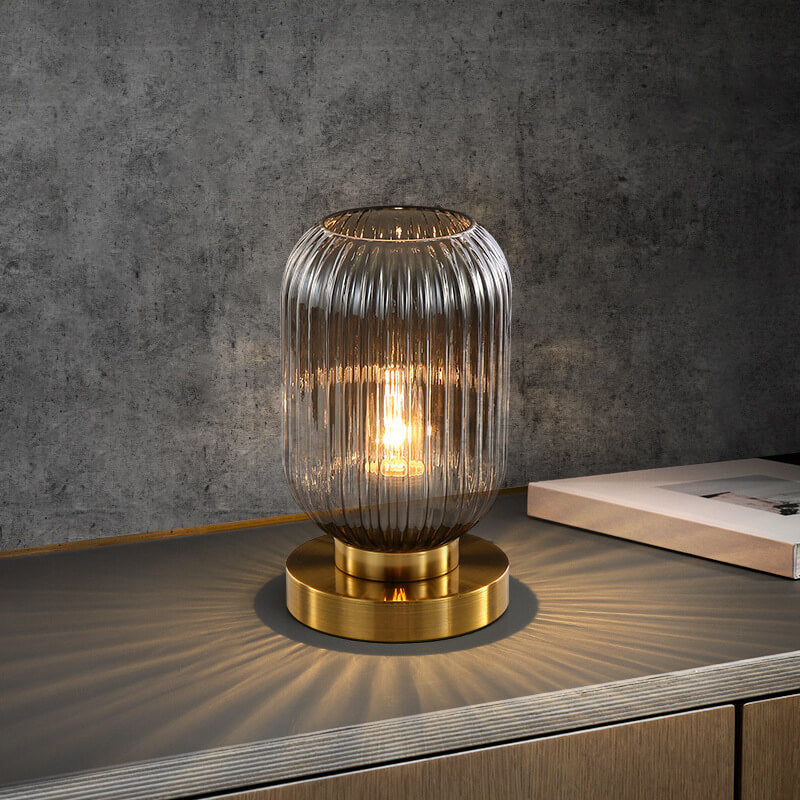 Modern Ribbed Glass Table Lamp – Brass Base Nordic Style for Bedroom Living Room