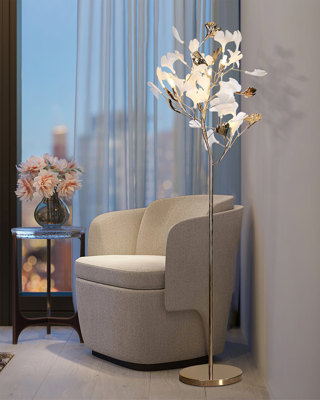 Sculptural Floral Ceramic & Marble Floor Lamp – Foot Switch – Living Room