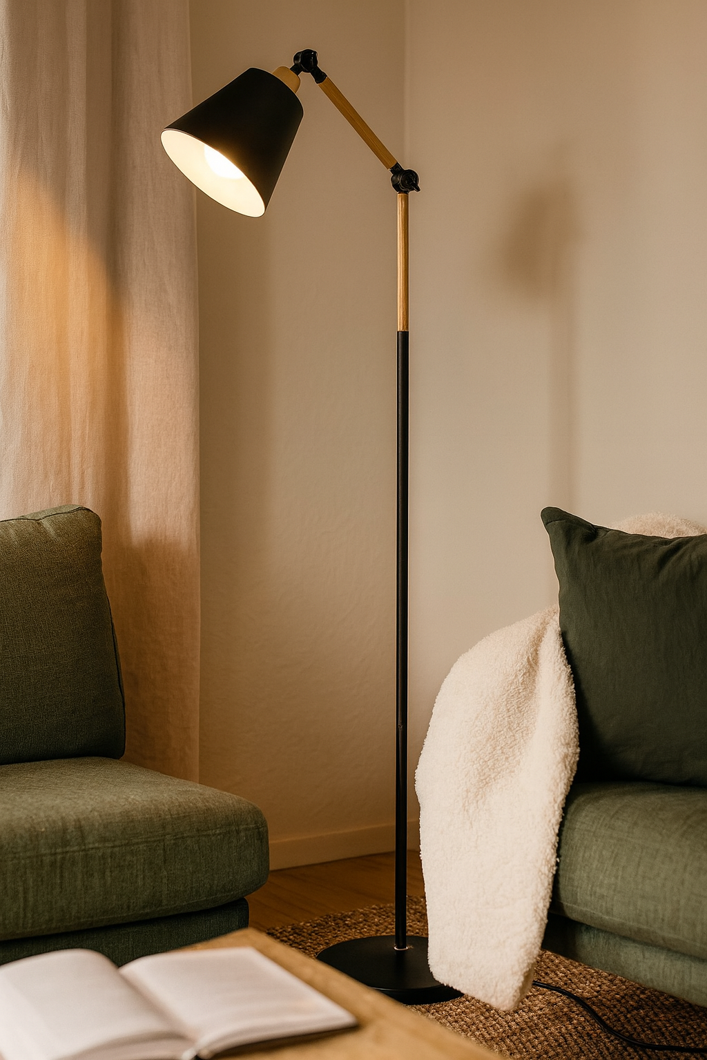 Adjustable Wood Metal Floor Lamp – Task Reading Light – Living Room Bedroom