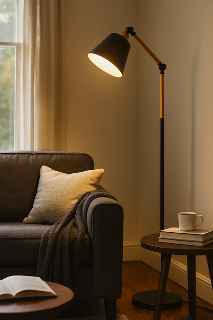 Adjustable Wood Metal Floor Lamp – Task Reading Light – Living Room Bedroom