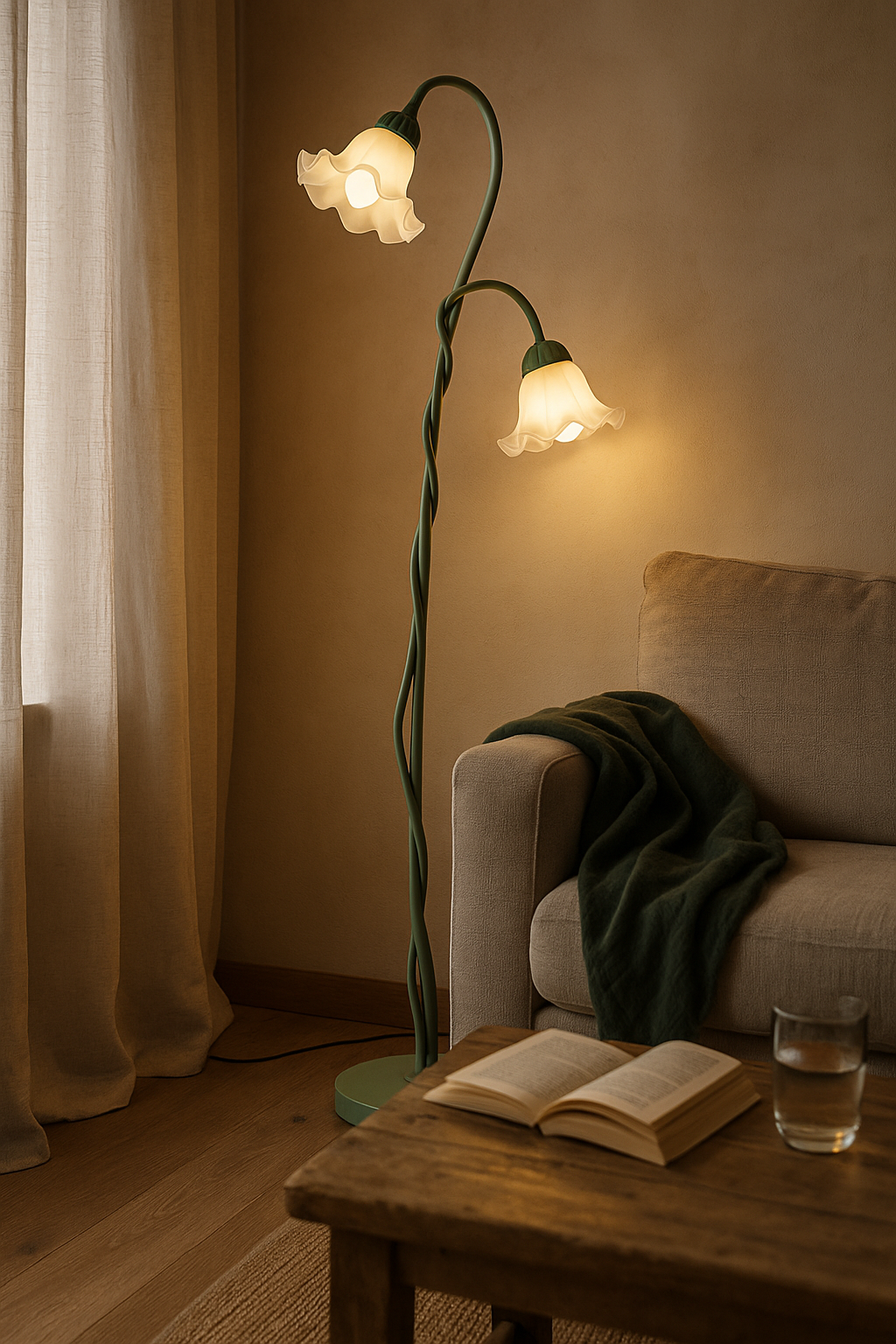 Floral Multi-Light Floor Lamp – Adjustable Green Stems Frosted Shades