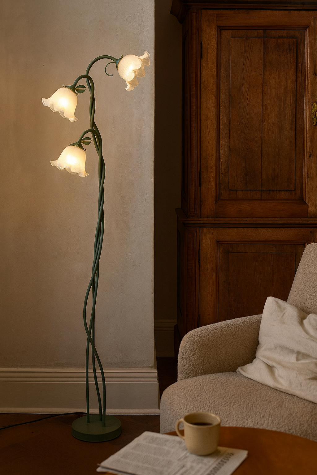 Floral Multi-Light Floor Lamp – Adjustable Green Stems Frosted Shades