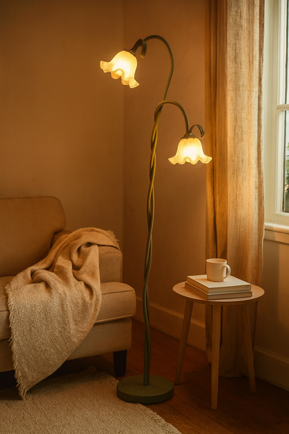 Floral Multi-Light Floor Lamp – Adjustable Green Stems Frosted Shades