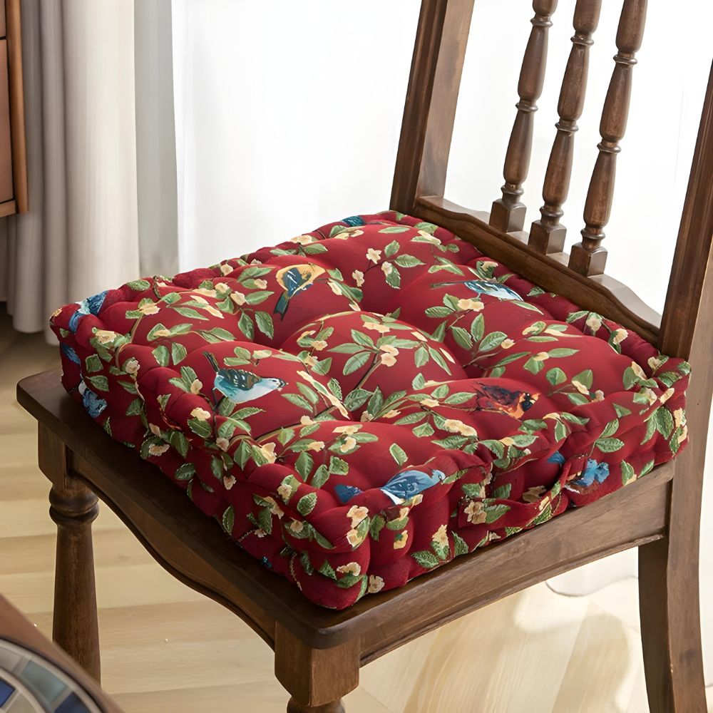 Red floral tufted square chair cushion