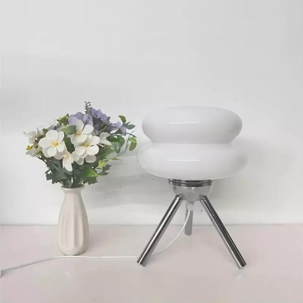 Modern Glass Tripod Table Lamp – Stacked Discs LED Bedside Light – Metal Base