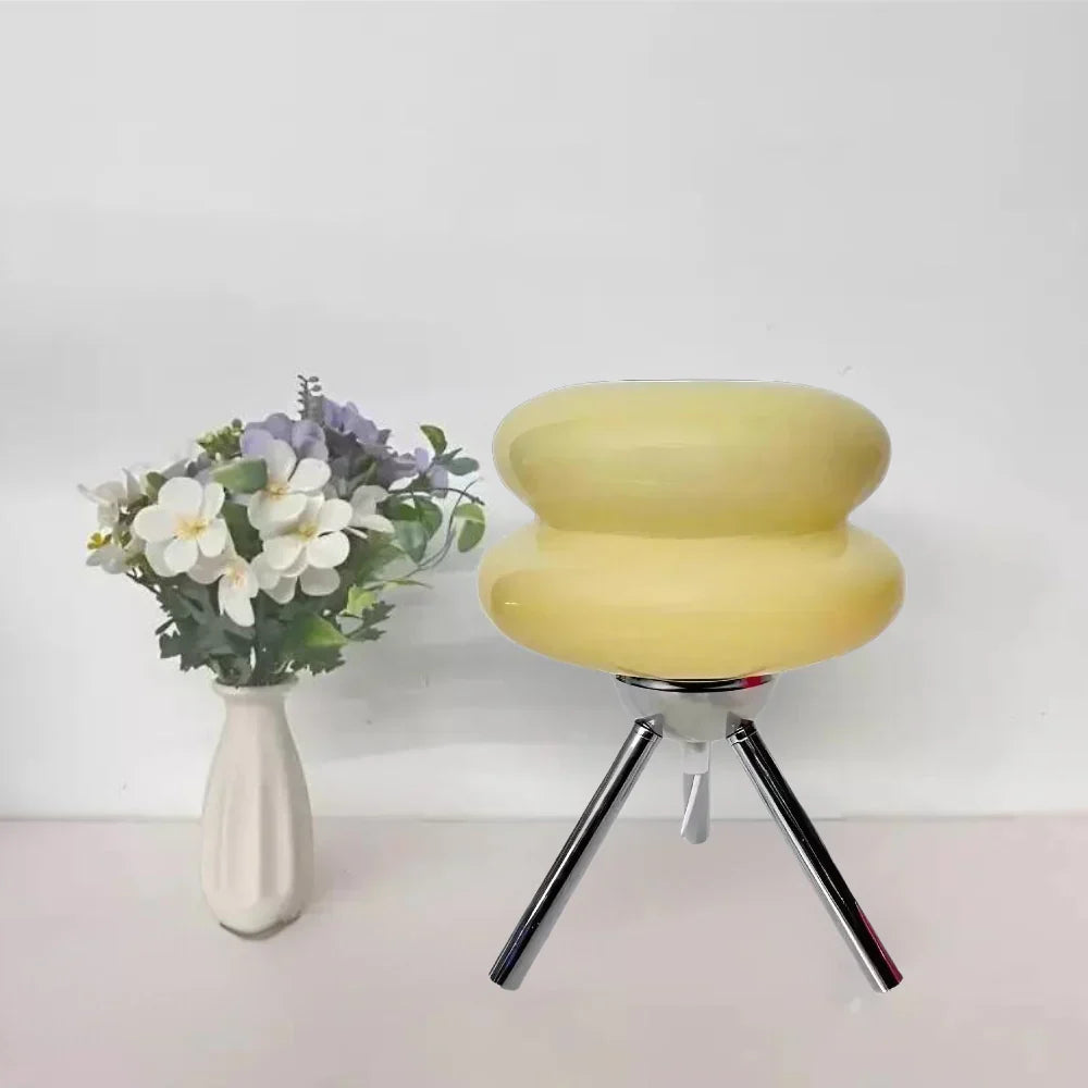 Modern Glass Tripod Table Lamp – Stacked Discs LED Bedside Light – Metal Base