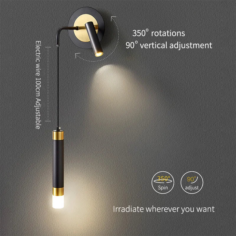 Gold Metal Glass Hanging Wall Lamp – LED Reading Light – Bedroom Living Room