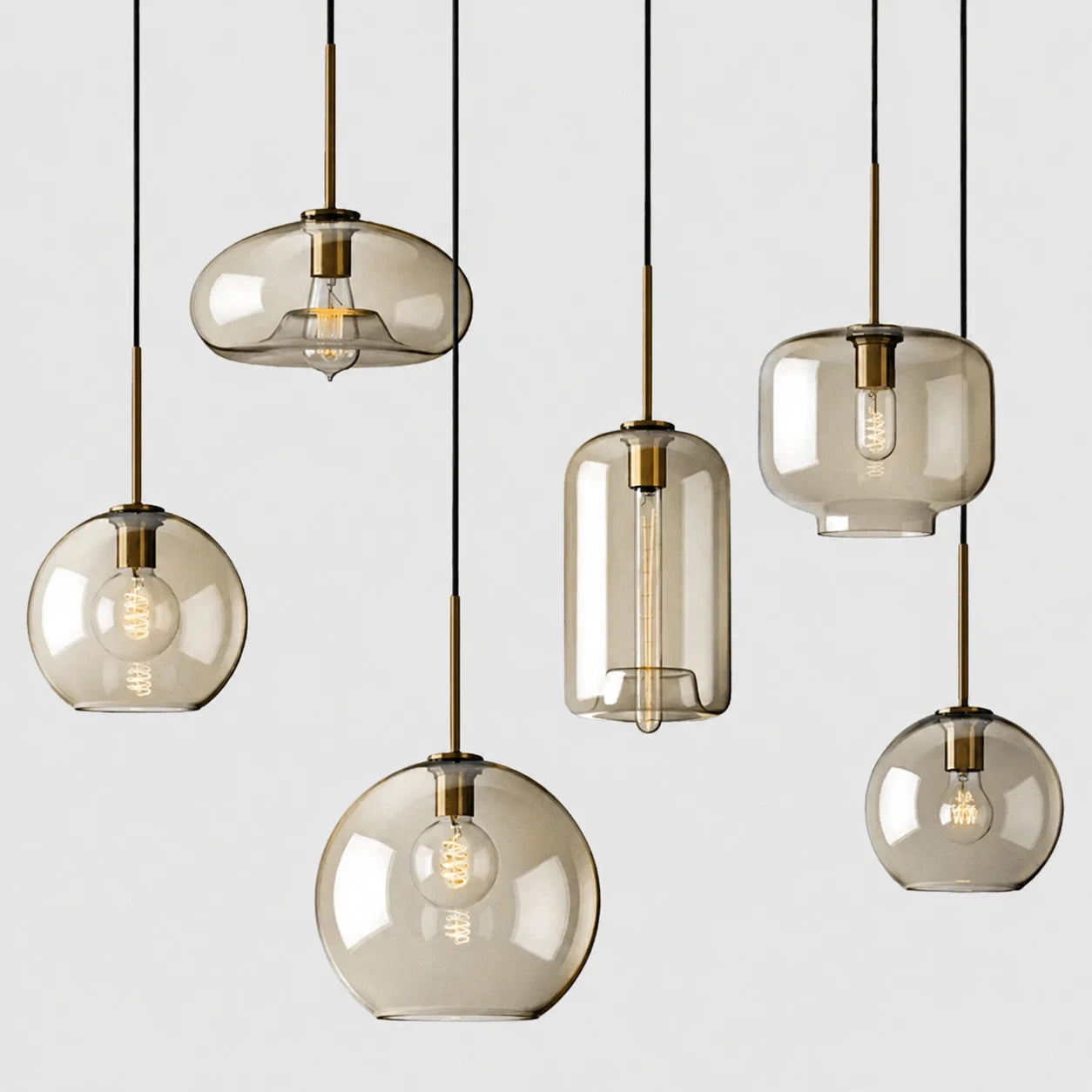 Modern Minimalist Brass & Amber Glass Pendant Light