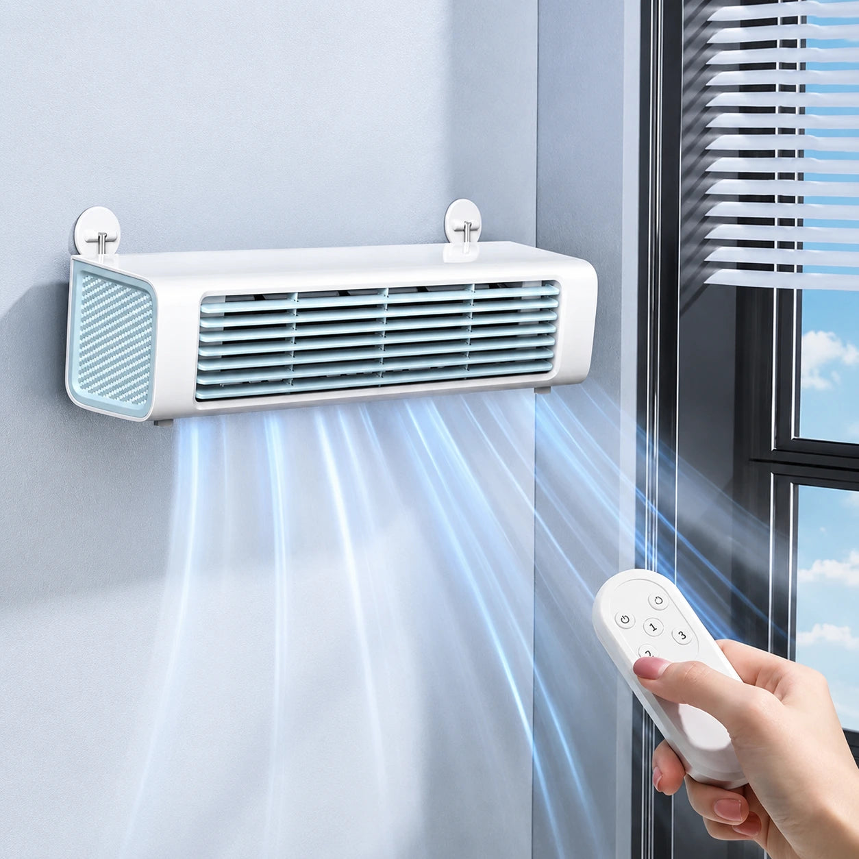 Wall Mounted Silent Fan with Remote Control - Rechargeable Air Cooler, 3 Speeds, Leafless Design