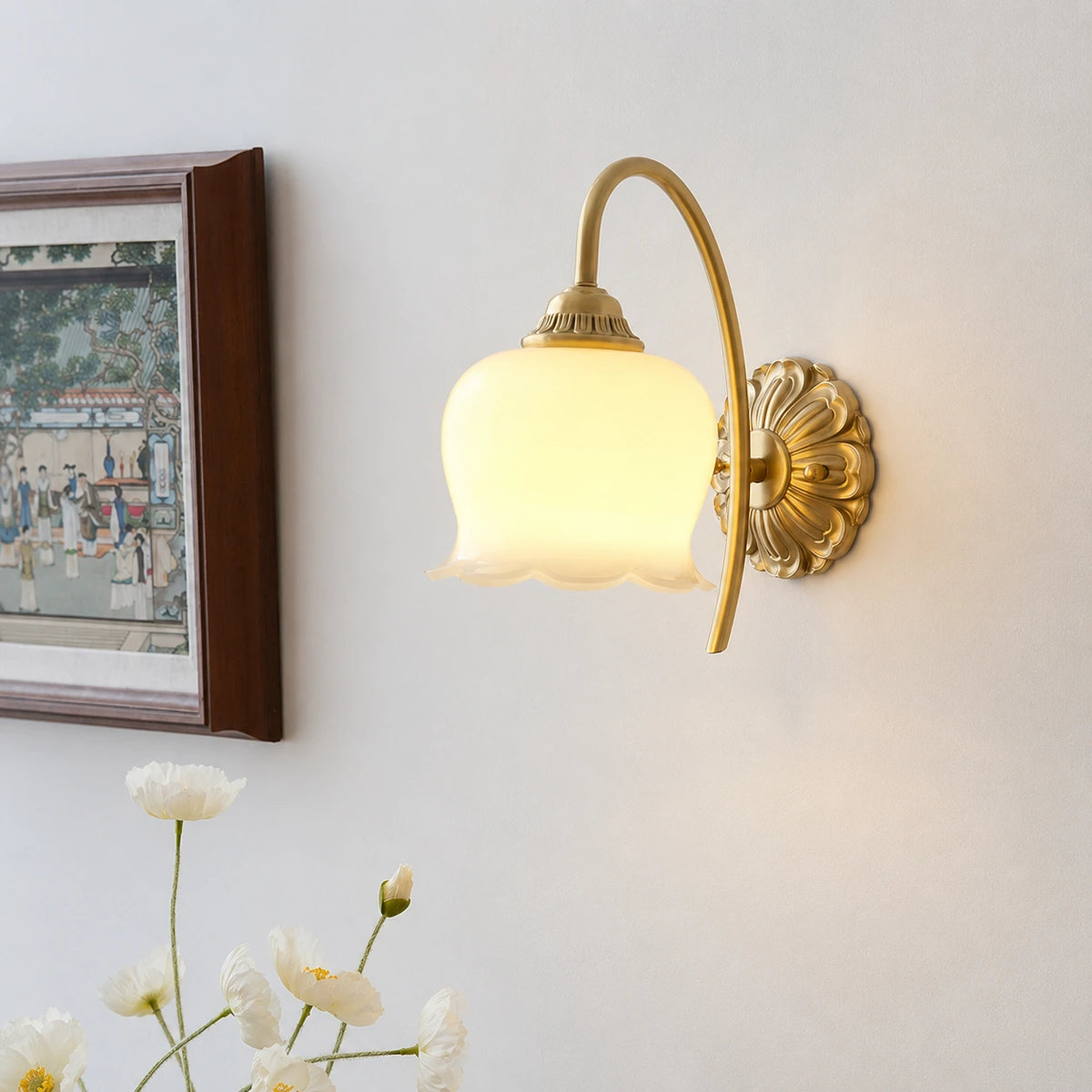 French Vintage Cream Antique Brass Wall Lamp