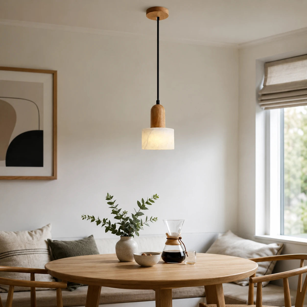 Wabi-Sabi Marble Pendant Light with Wood Detail