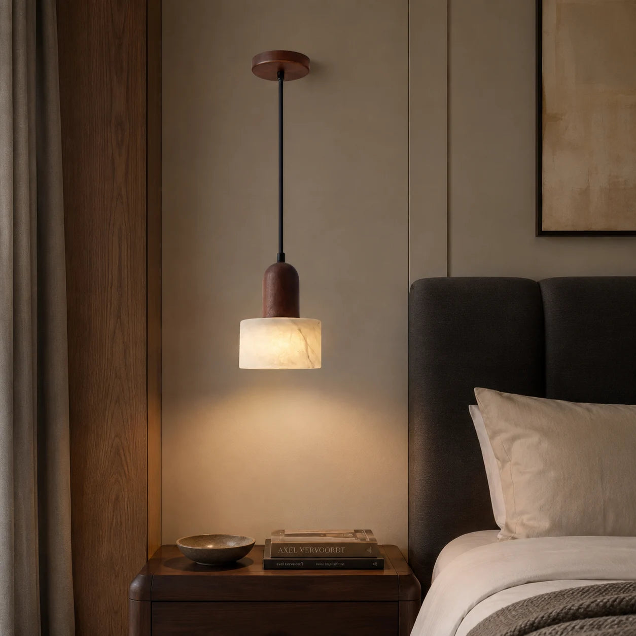 Wabi-Sabi Marble Pendant Light with Wood Detail