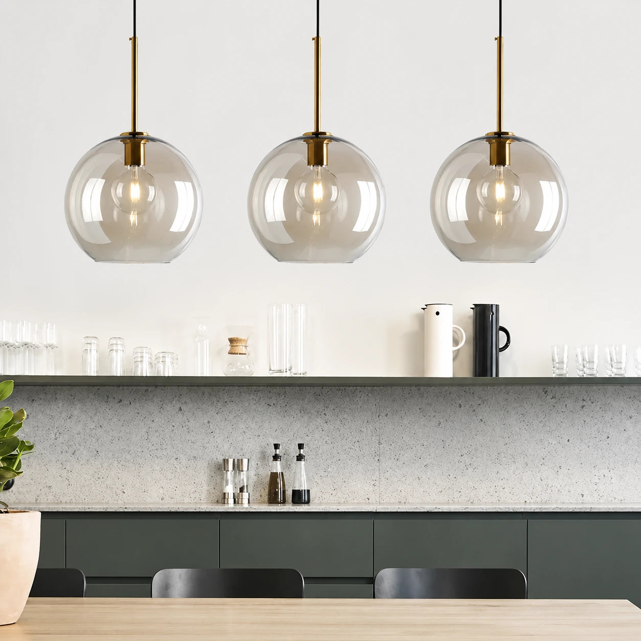 Modern Minimalist Brass & Amber Glass Pendant Light