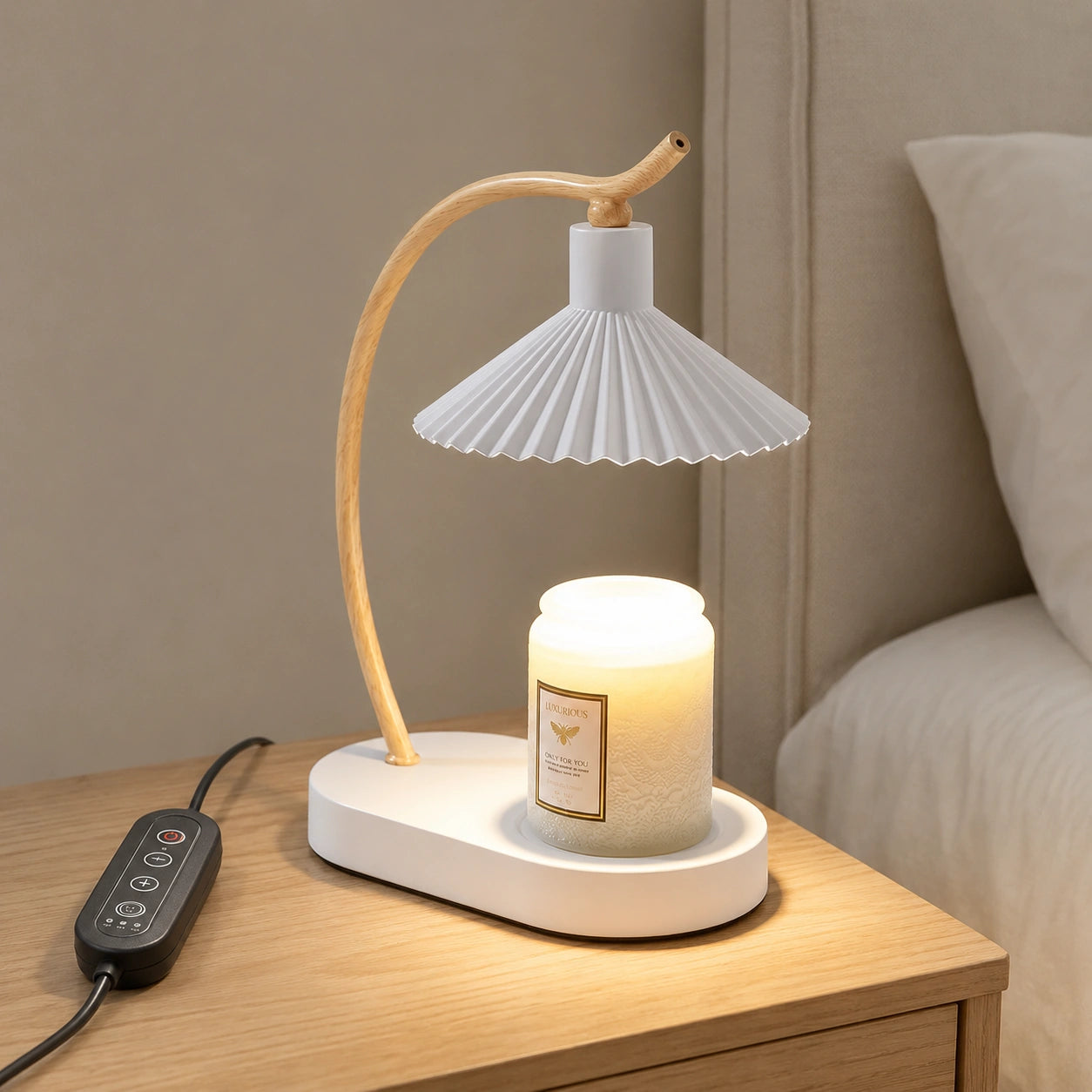 Pleated Candle Warmer Lamp with Wood Base