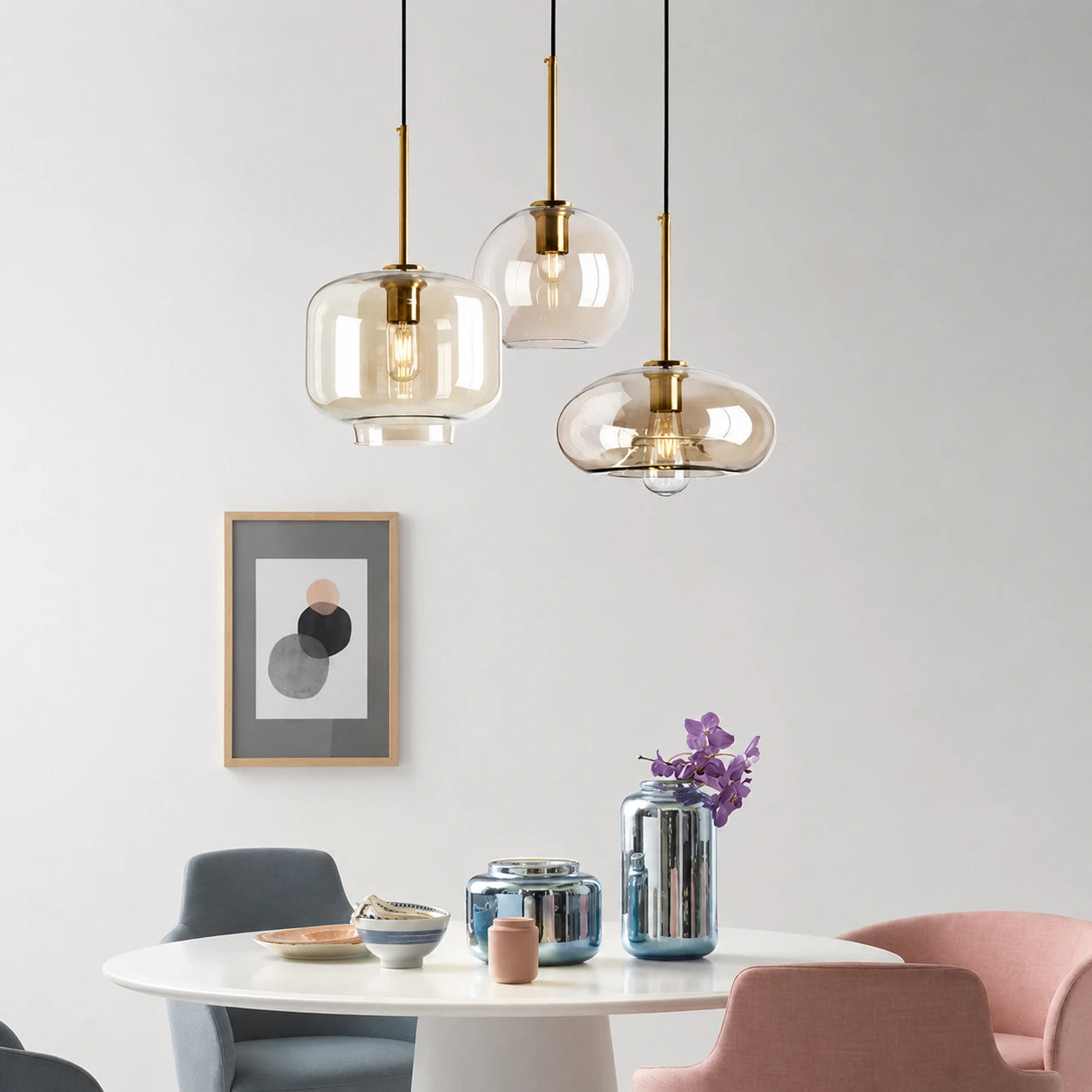 Modern Minimalist Brass & Amber Glass Pendant Light