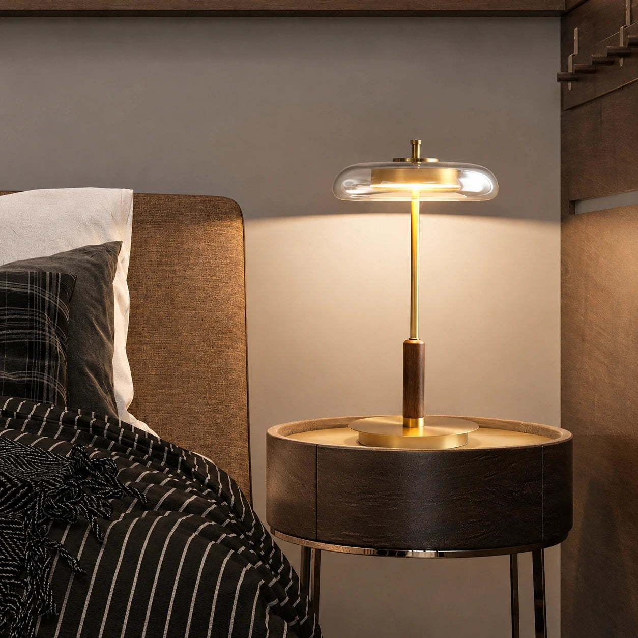 Modern Walnut & Glass LED Table Lamp