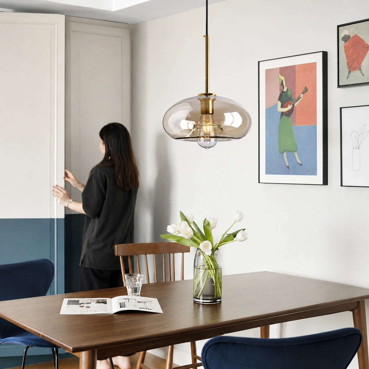 Modern Minimalist Brass & Amber Glass Pendant Light