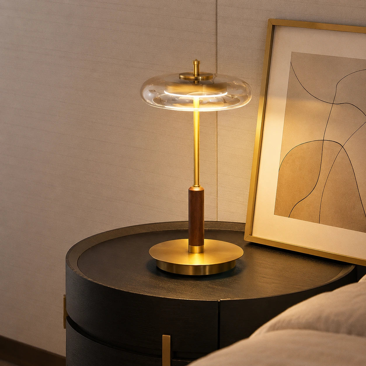 Modern Walnut & Glass LED Table Lamp