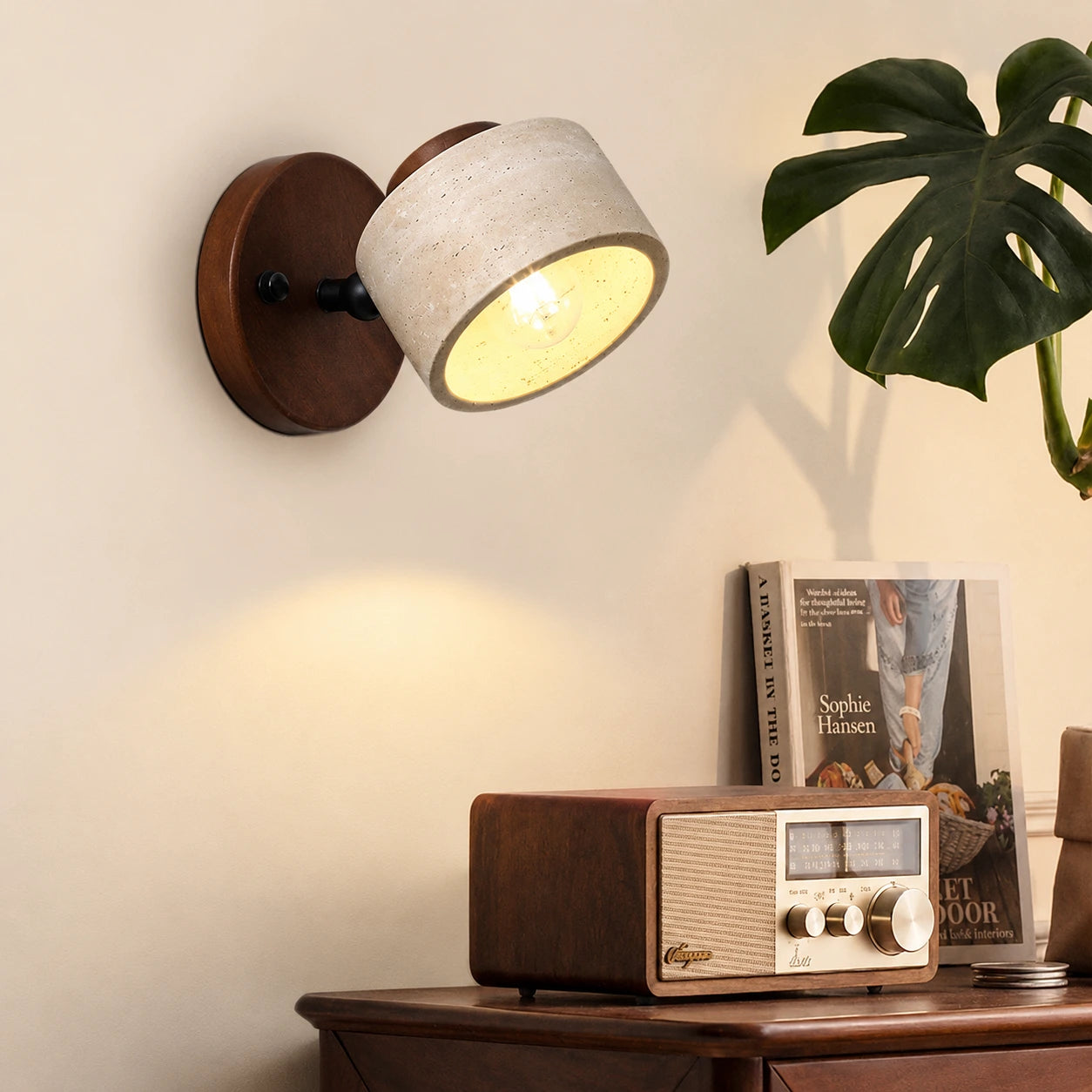 Adjustable Travertine and Wood Wall Light