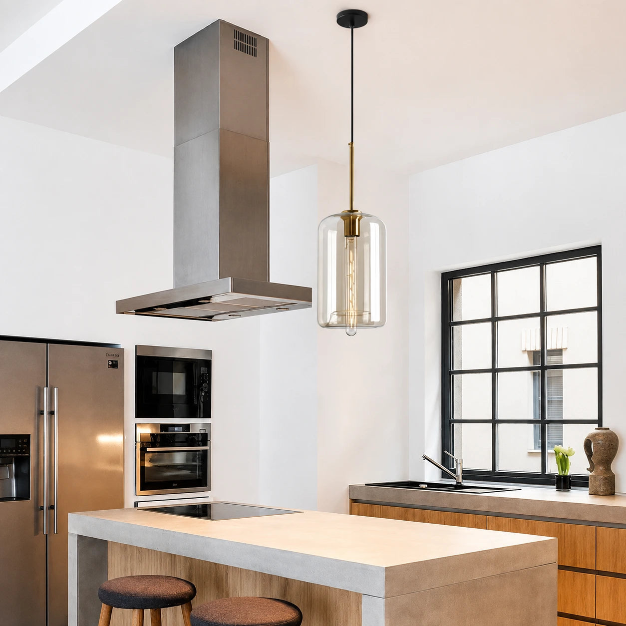 Modern Minimalist Brass & Amber Glass Pendant Light