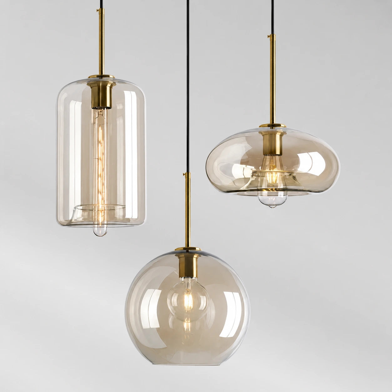 Modern Minimalist Brass & Amber Glass Pendant Light