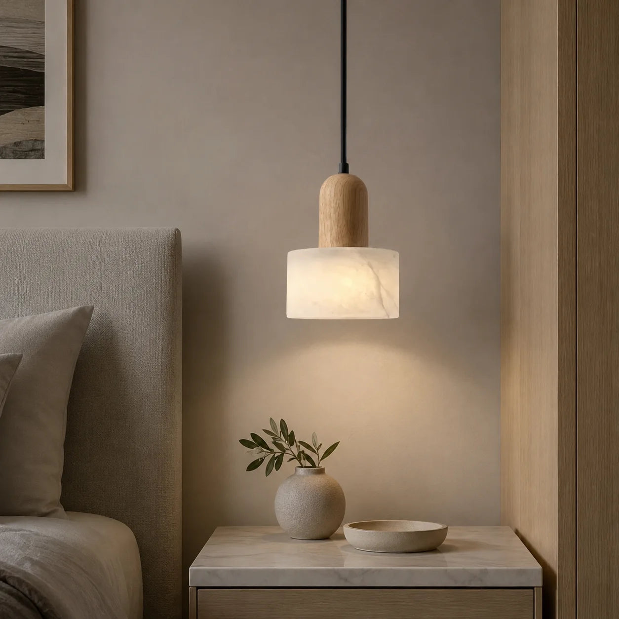 Wabi-Sabi Marble Pendant Light with Wood Detail