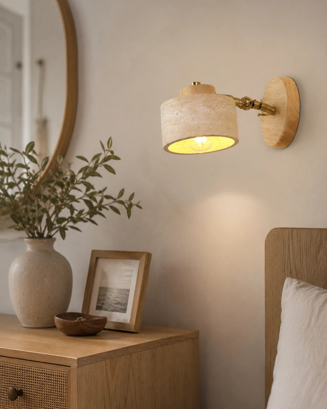 Adjustable Travertine and Wood Wall Light