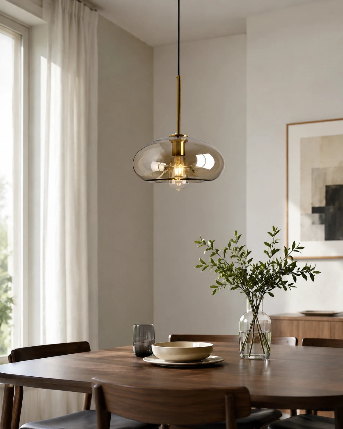 Modern Minimalist Brass & Amber Glass Pendant Light