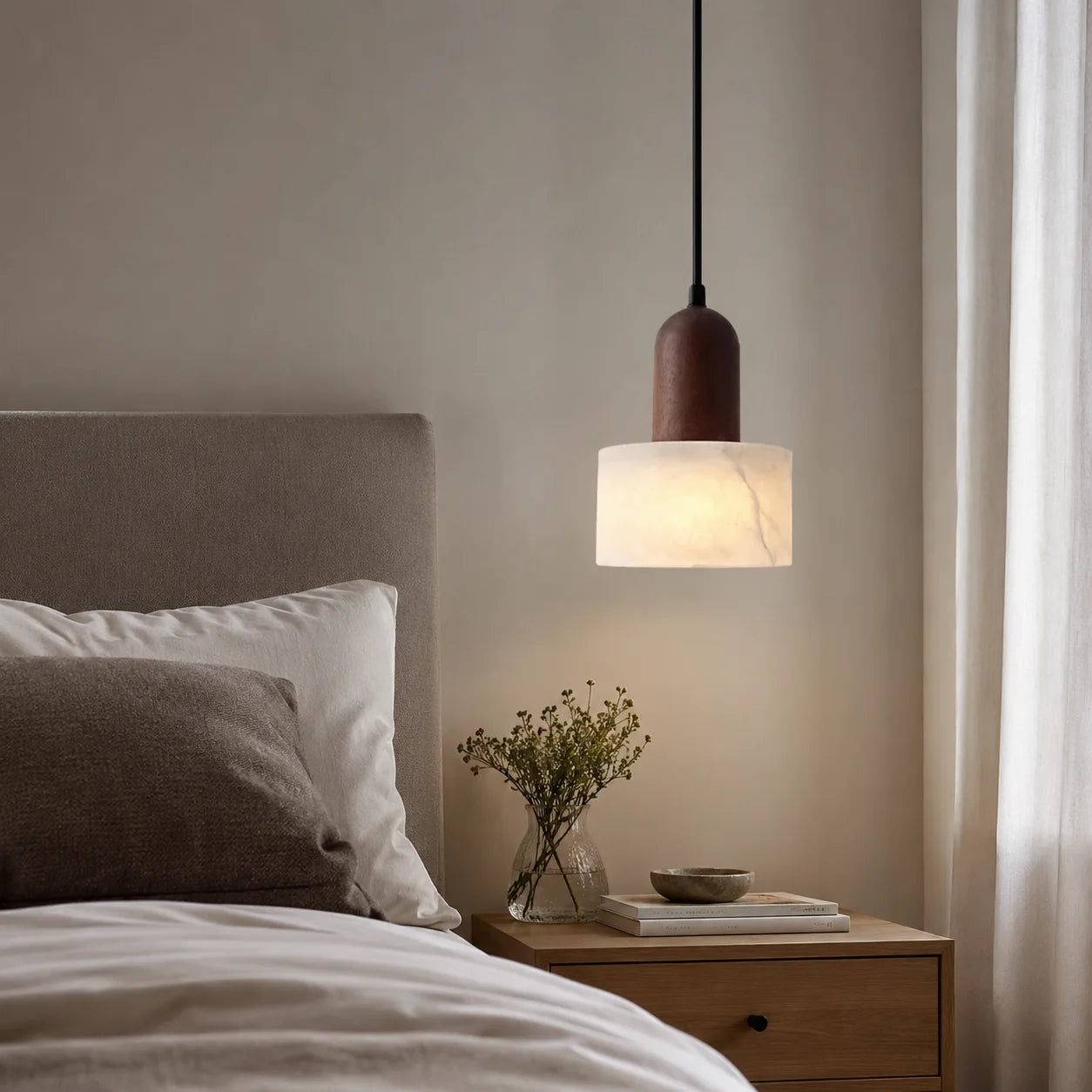 Wabi-Sabi Marble Pendant Light with Wood Detail