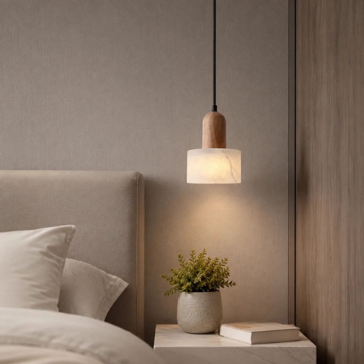 Wabi-Sabi Marble Pendant Light with Wood Detail