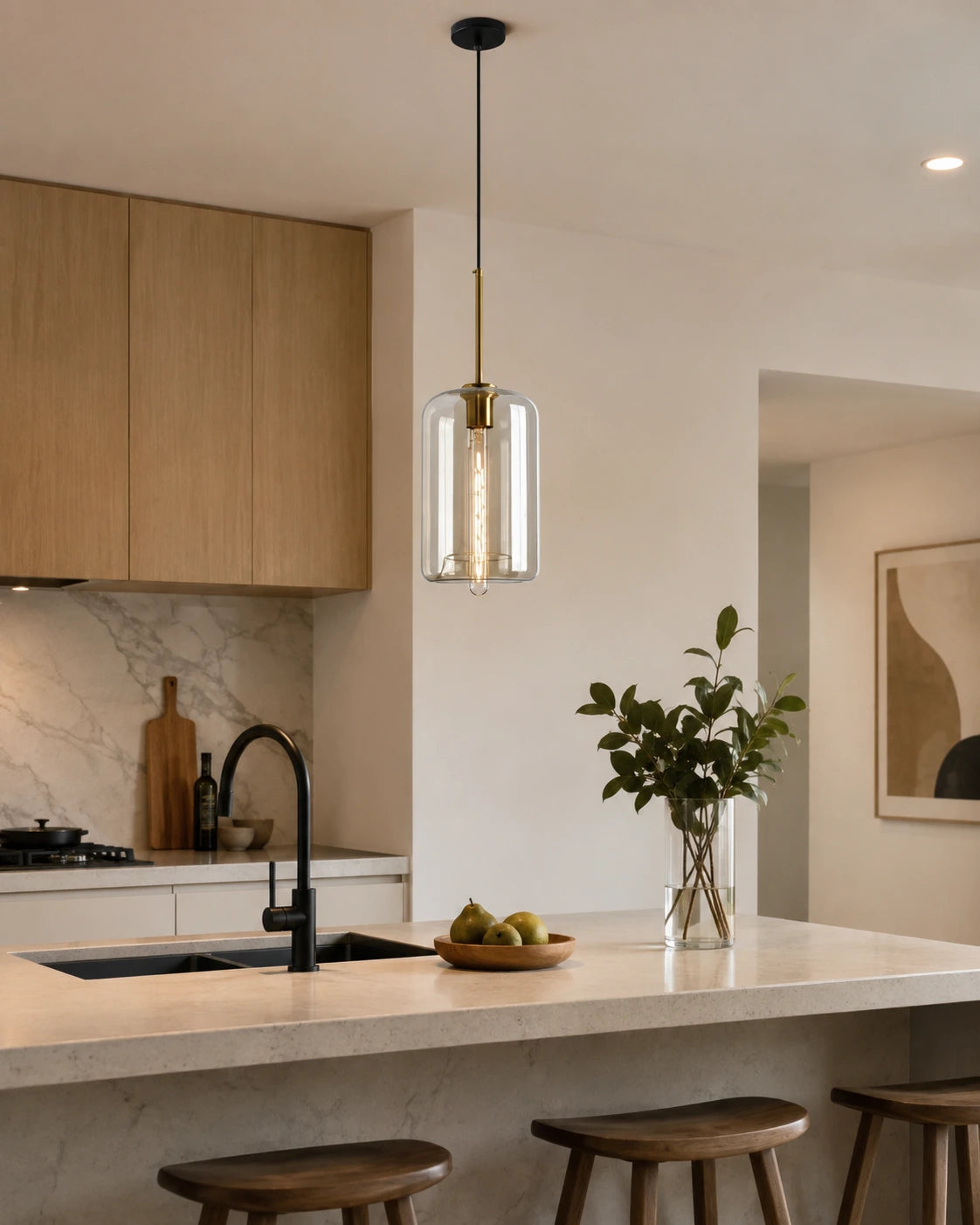 Modern Minimalist Brass & Amber Glass Pendant Light