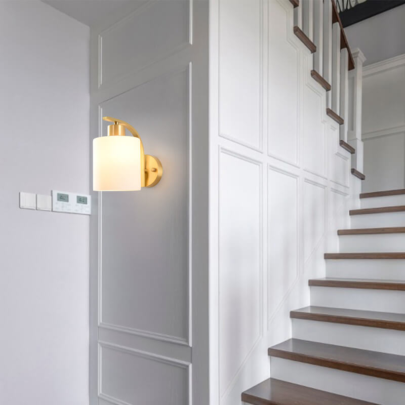 Modern Brass Wall Sconce – Frosted Glass Shade Curved Arm – Bedroom Lounge Hallway