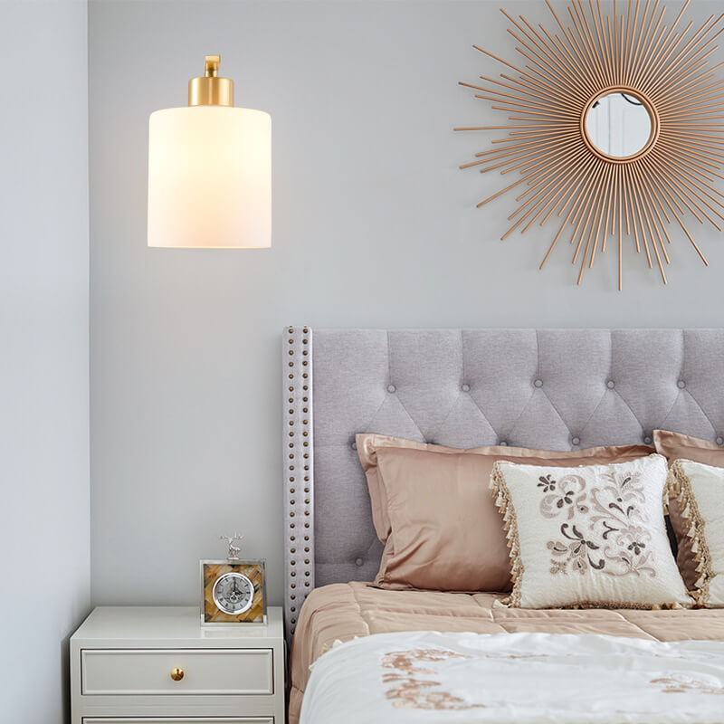 Modern Brass Wall Sconce – Frosted Glass Shade Curved Arm – Bedroom Lounge Hallway