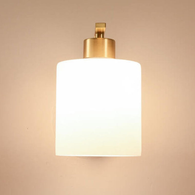 Modern Brass Wall Sconce – Frosted Glass Shade Curved Arm – Bedroom Lounge Hallway