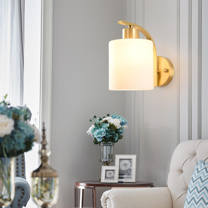 Modern Brass Wall Sconce – Frosted Glass Shade Curved Arm – Bedroom Lounge Hallway
