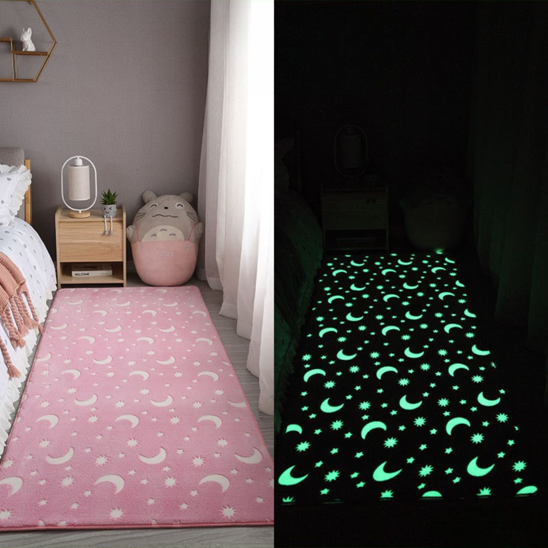 Pink starry rug shown in daylight and darkness